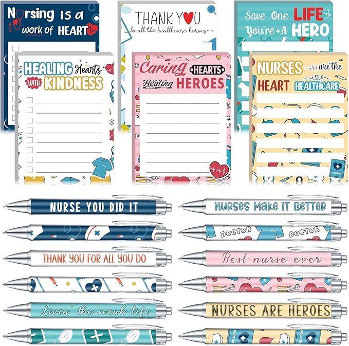 Thenshop 6 Set Nurse Appreciation Gifts 6 Nurse Sticky Notes and 6 Fun Ballpoint Pens Thank You Gifts for Nurse Office Supplies