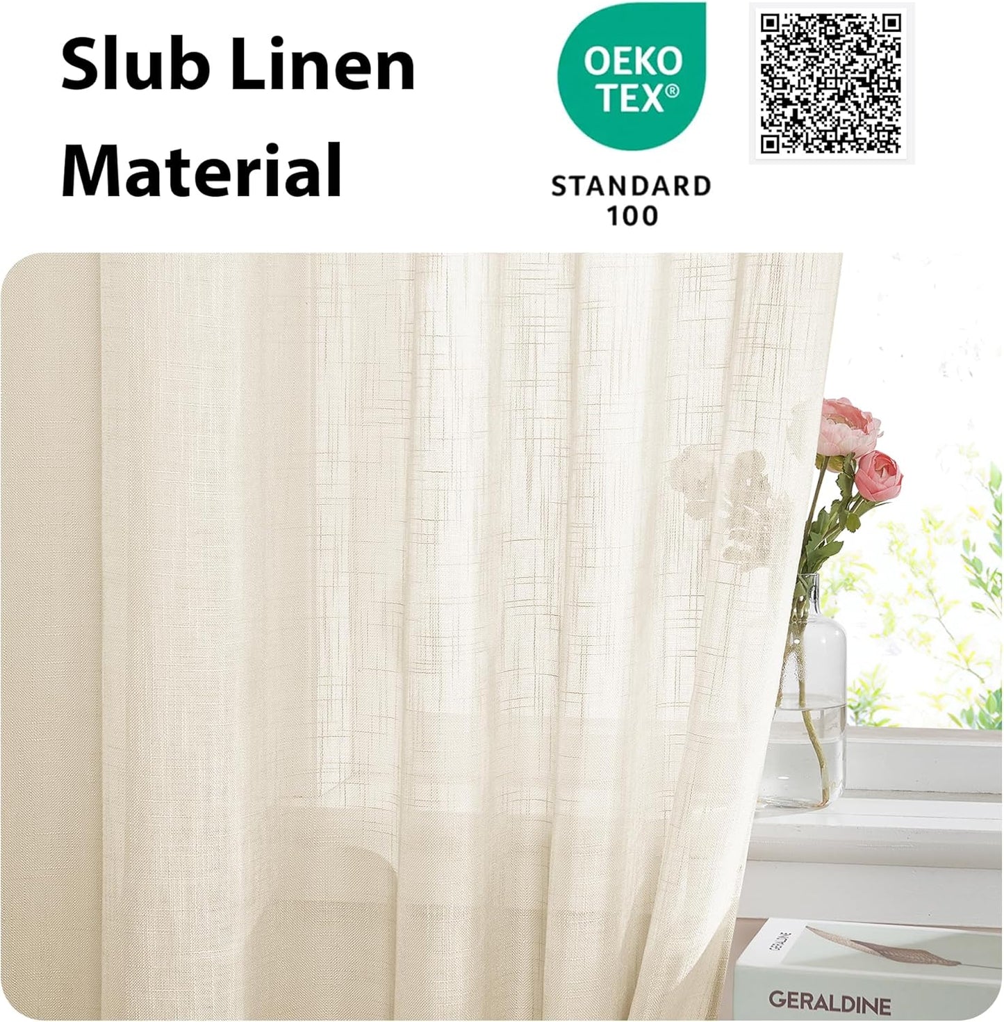 NICETOWN Linen Textured Door Panel - Semitransparent Sheer Curtain Privacy Semi Voile French Door Drape (Beige, 52 inches Wide x 40 inches Long, 1 Panel, Matching 1 Tieback Included)