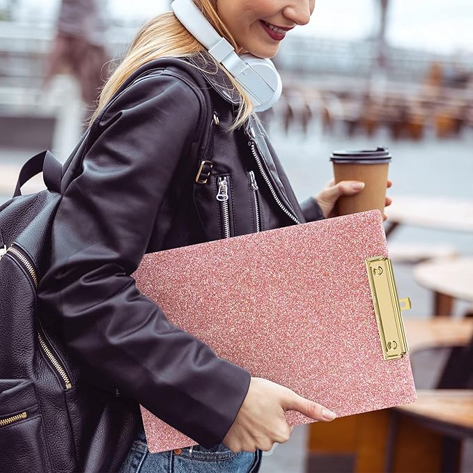 Piasoenc Acrylic Clipboards, Fashion Glitter Clip Board with Low Profile Gold Clip, Designed for Classroom School and Office Use, A4 Letter Size 9 x 12.5 in,Pink