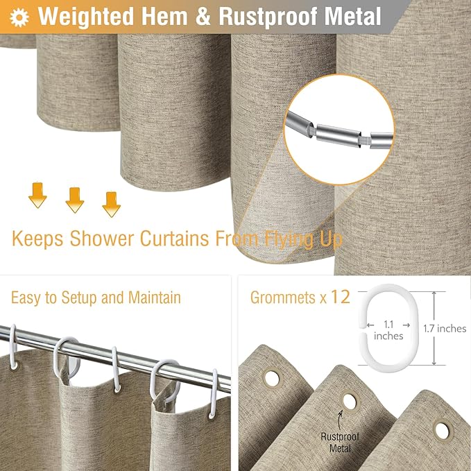 BTTN Extra Long Shower Curtain - 72x96 Inch Long Linen Textured Heavy Duty Fabric Shower Curtain Set with 12 Plastic Hooks, Tall Hotel Spa Luxury Waterproof Curtains for Bathroom Showers - Khaki/Tan