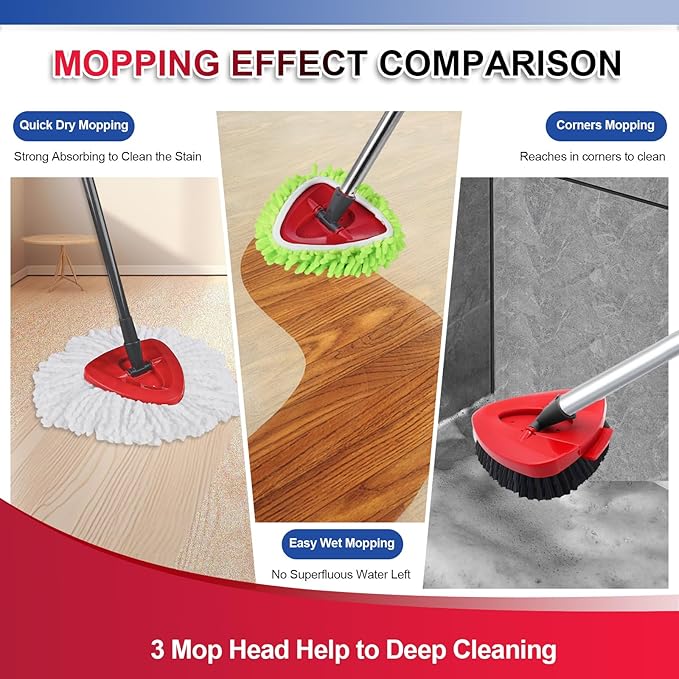 9 Pack Reusable Microfiber Mop Pads Compatible with O-Cedar EasyWring Triangle Mop,3 Elastic Mop Head 4 White Mop Replacement,One Scrub Brush & One Base for Deep Clean,Machine Washable Mop Refills