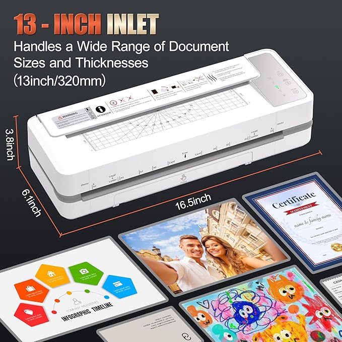 13" 4-Roller Commercial Laminator Machine, 3-10 Mil Thickness Laminating Machine, Fast 55s Warm-Up & 1000mm/min Laminating Speed for Laminating 11x17 & A3 Size, Includes 30 Sheets for Office, School