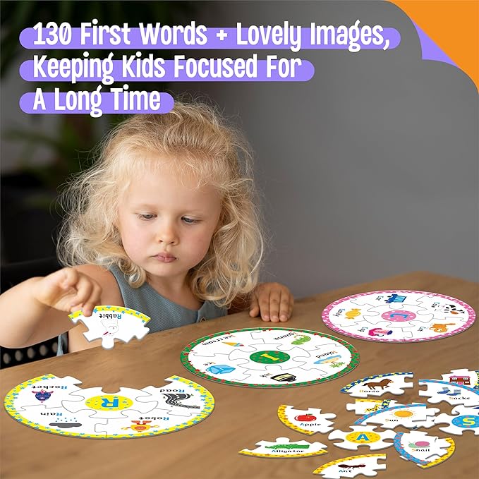 Alphabet Word Puzzles, 26 Letters & 130 First Words, Double-Sided Letter Puzzle Game Learn to Read Alphabet & Words, Early Educational Tool for Toddlers, Preschool, Kindergarten, Homeschooling