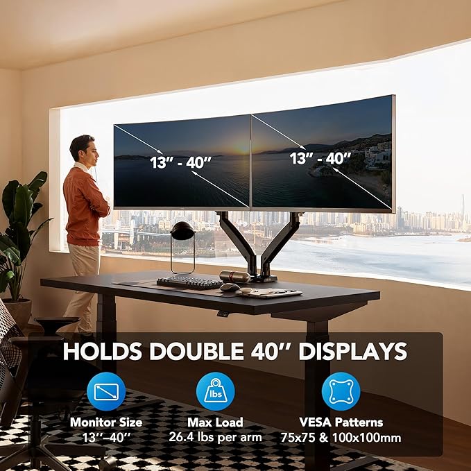 HUANUO Dual Monitor Stand for 13″–40″, Premium Dual Monitor Mount with USB, Height Adjustable Monitor Stand for 2 Monitors, VESA Mount with Clamp/Grommet Base, Holds 26.4lbs per Arm, HNDS7