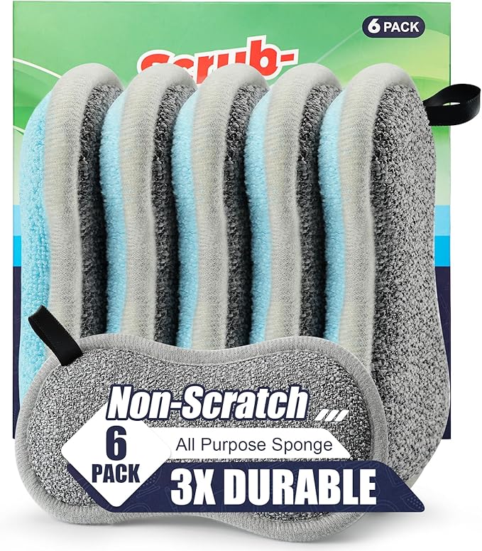 Dual Sided All-Purpose Sponges Kitchen,Dish Sponge for Washing Dishes Cleaning Kitchen,Non Scratch,Rough Scrubbers for Non-Stick Cookware, Soft Microfiber Scrub for Dishes(Bule,6Pack)