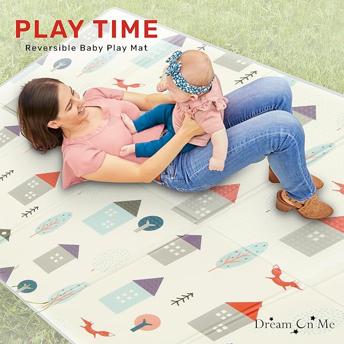 Dream On Me Play Time Reversible Baby Playmat, Foldable Extra Large Thick Foam Crawling Playmats for Toddlers, Waterproof Portable Playmat for Babies