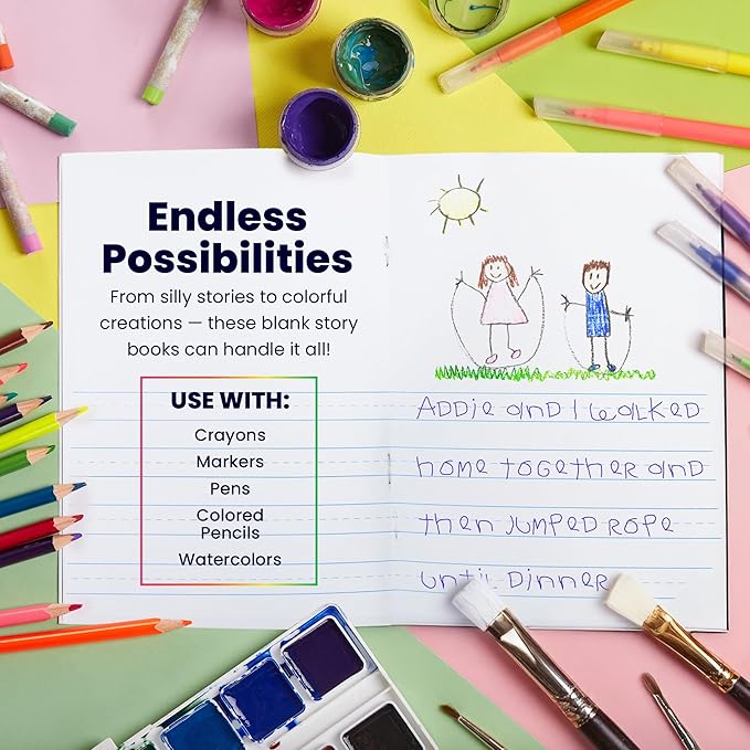 Hygloss Half Blank Books for Kids to Write Stories and Illustrate – Bulk 6 Pack – 5.5" x 8.5" A5 – Small Primary Journal for Grades K-2, Preschool/Kindergarten Notebook with Picture Space – 24 Pages