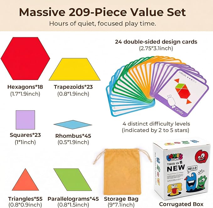 LovesTown 209 PCS Shapes Wooden Pattern Blocks for Kids, Geometric with Activity Cards and Storage Bag, Educational Tangram Puzzles,Great Learning Gift from Parents or Teachers