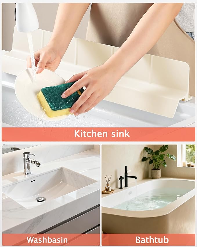 Kitchen Sink Splash Guard 23" Self-Draining Silicone Water Guard with High Splash Wall & Strong Suction Cups for Faucet, Countertop & Sink Edge, Keeps Sinks Dry, Dishwasher Safe,Cream