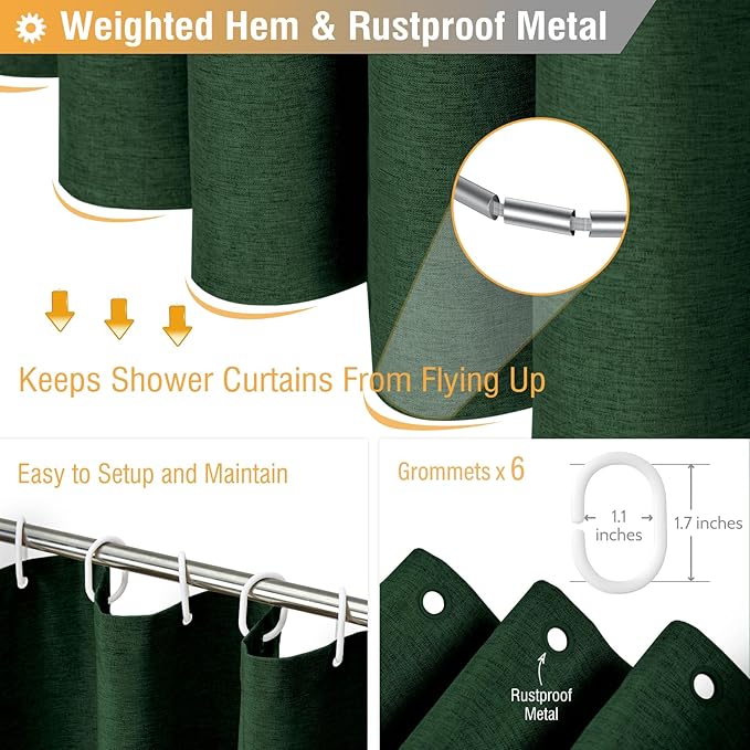 BTTN Stall Fabric Shower Curtain - 36x72 Inch Narrow Linen Textured Heavy Duty Shower Curtain Set with 6 Plastic Hooks, Hotel Luxury Half Waterproof Neutral Bath Curtains for Bathroom - Emerald Green