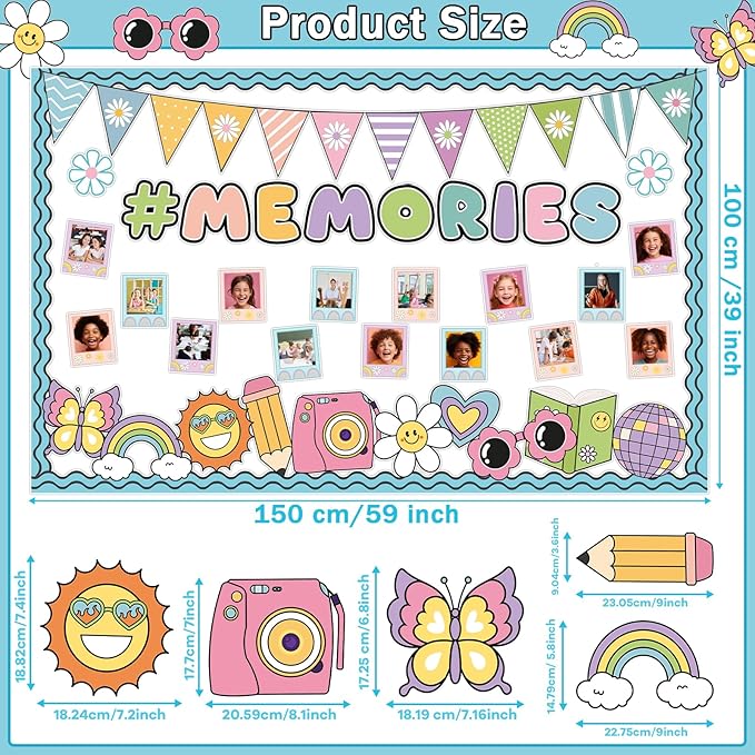 Groovy End of Year Bulletin Board for Classroom Decoration 2026 Graduation Memories Boho Retro Hippie Bulletin Board Set Rainbow Cutouts Daisy Diy Photo Picture Frame for Chalkboard Wall Teacher