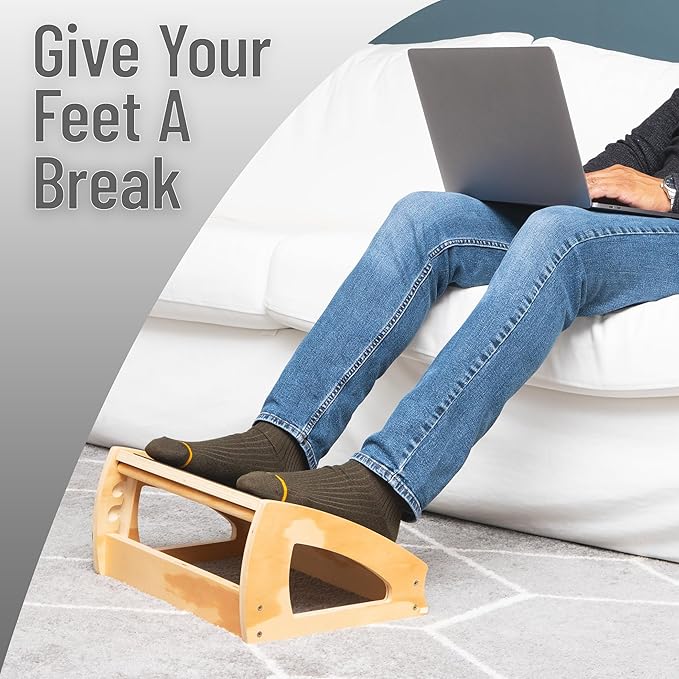 Mind Reader Adjustable Wooden Foot Rest with Anti-Slip Surface, 3 Height Levels, Natural Wood, Brown
