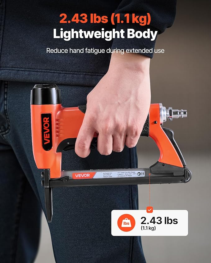 VEVOR Pneumatic Staple Gun, 20 Gauge Long-Nose Upholstery Stapler for 50 Series Fine Wire Staples 1/2-inch Crown 1/4"-5/8" Length, Max 110PCS Loading Air Staple Gun for Upholstering, Woodworking, DIY
