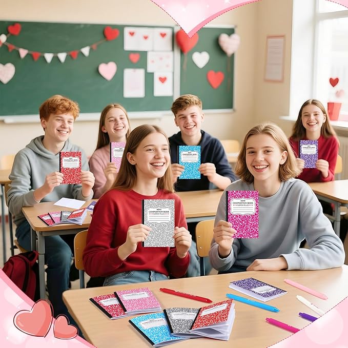 Pajean 96 Pcs Valentine's Day Stationery Set 24 Valentine's Day Notebooks with 24 Pens 24 Cards 24 Gifts Bags for Home Valentines Exchange Gifts School Classroom Office Party Favors Supplies