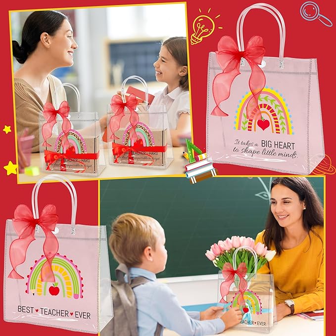 H1vojoxo Teacher's Day Gift Bags - 24PCS Teacher Appreciation Gift Clear Bags with Red DIY Ribbon 7.87x3.2x7.87 Inch Clear PVC Tote Bag with Handles Reusable PVC Thank You Gift Wrap Bag for Teachers