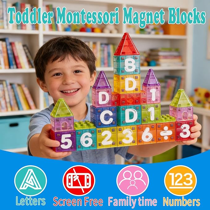 40PCS Magnetic Blocks Letter & Number Kit-STEM Educational Montessori Toys for Spelling, Counting & Math-Travel Toys for Kids Ages 3-8, Preschool Learning Activities & Fine Motor Skills Development
