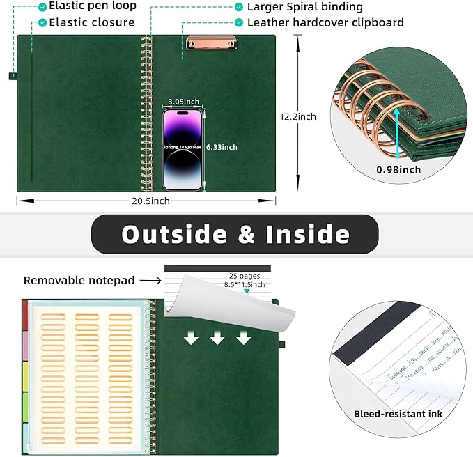 Ospelelf Leather Clipboard Folio with Notepad for Letter Size, Spiral Clipboard Folder with Storage Zipper Pouch, 5 Folders with 10 Pockets, 39 Divider Label Stickers, Pen Loop Series (Green)