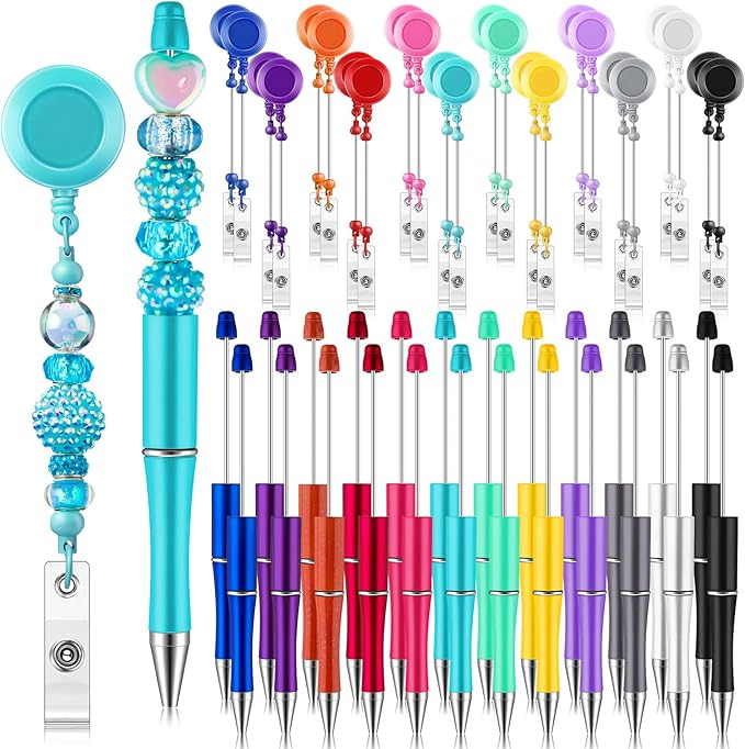 48 Pcs DIY Beadable Kit Include 24 Beadable Ballpoint Pen Black Ink 24 Bead DIY Badge Reel Retractable ID Name with Belt Clip Holder for Nurse Teacher Making Gift Office School Supplies