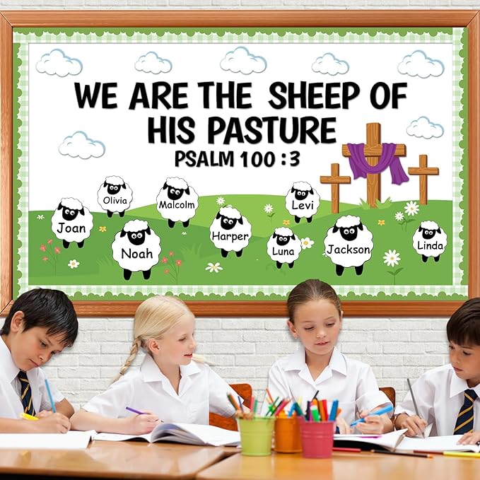 Easter Christian Bulletin Board Set VBS 2026 Religious Jesus Classroom Decoration Sheep Paper Cutouts We are The Sheep of His Pasture Bulletin Board for Sunday School Church Chalkboard Door Wall Decor