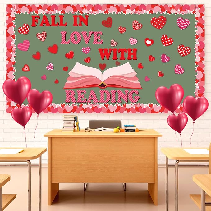 gisgfim Valentine's Day Reading Bulletin Board Decorations Set Valentines Red Heart Borders Cutouts for Party School Classroom Door Welcome Bulletin Board Craft Home Wall(Fall in Love with Reading)