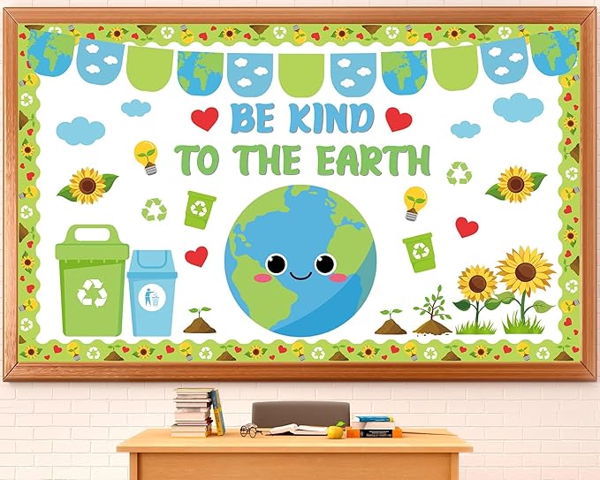 Earth Day Classroom Bulletin Board Set Environment Protection Classroom Decorations Spring Sunflower Grass Earth Paper Cutouts Educational Bulletin Board Borders for Elementary School Wall Door Decor