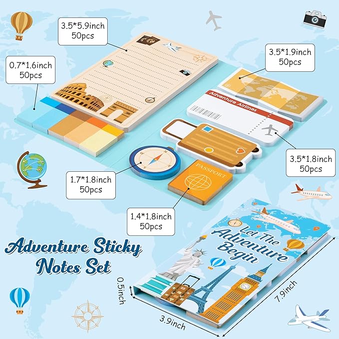 B1ykin Cute Sticky Notes Set - Let The Adventure Begin Self-Stick Notes Pad, 550 Sheets Writing Memo Pages Sticky Notepad for Teacher Appreciation Gifts, School Office Party Supplies (Begin Traveling)