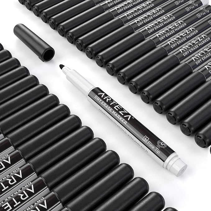 ARTEZA Black Dry Erase Markers Pack of 52, Fine Tip, Low-Odor Black Ink, Classroom-Preferred Whiteboard Markers