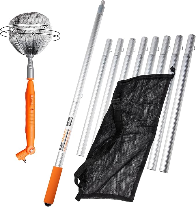 Powered Cobweb & Ceiling Fan Duster with 16ft Rigid Extension Pole – Adjustable Arm, Removable Washable Head, Interior & Exterior Use – Handheld or Pole-Mounted Cleaning Tool