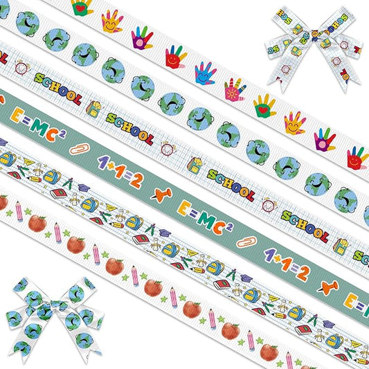 Threetols 6 Rolls 18 Yards Back to School Ribbons, 3/8" School Day Grosgrain Blue White Globe Apple Pencil ABC Gift Wrapping for School Class Teacher Kindergarten Party Supply