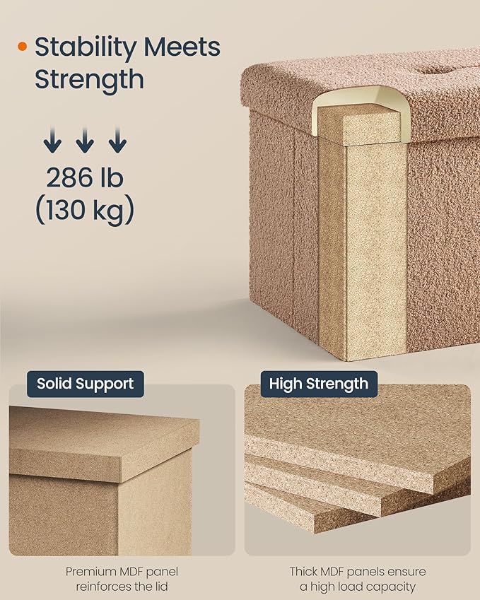 SONGMICS Small Folding Storage Ottoman, Foot Rest Stool, 12.2 x 16.1 x 12.2 Inches, Ottoman with Storage, Load up to 286 lb, for Living Room, Bedroom, Dorm, Camel Brown ULSF094K01
