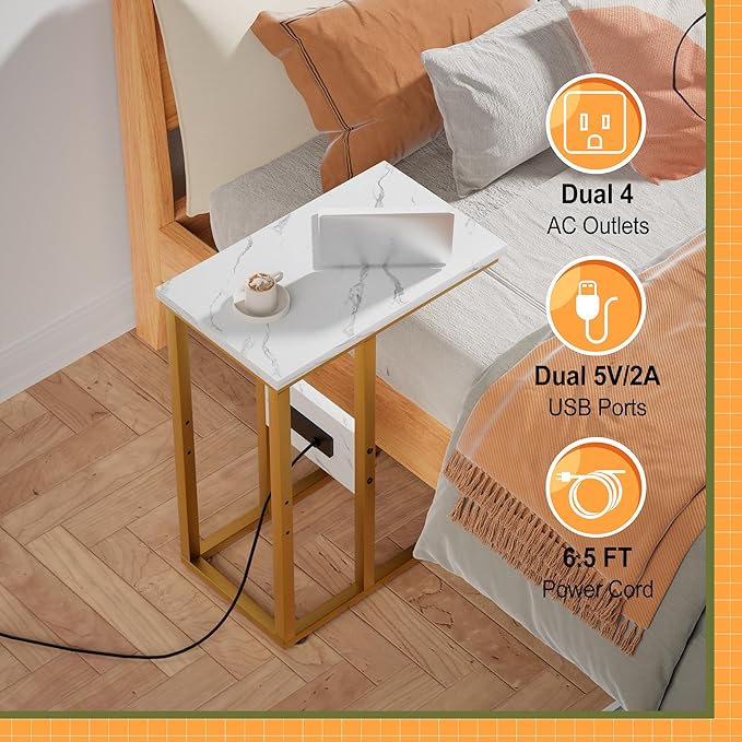 VECELO C Shaped End Table with Charging Station & Power Outlets, Quick Access Side Table for Sofa, C Bedside for Living Room Bedroom 2 Set,Gold