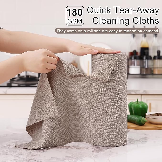 Homaxy Tear Away Dish Cloths Rolls, 40 Sheets-11.8" X 11.8", Reusable Washable Dish Towels for Kitchen, Ultra Absorbent and Quick Drying Microfiber Cleaning Rags, Khaki