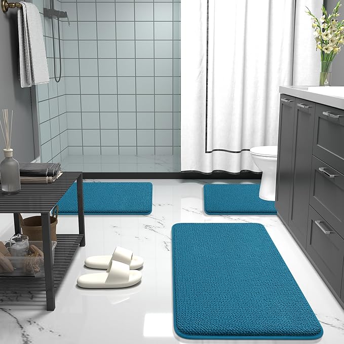 OLANLY Thick Memory Foam Bath Mat Rug 30x20, Extra Soft Absorbent Bathroom Rug, Quick Dry Bath Mat, Non-Slip, Machine Washable Carpet for Bathroom, Tub and Shower, Home Decor Accessories, Peacock Blue