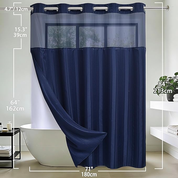 Conbo Mio Extra Long No Hook Waffle Weave Shower Curtain with Snap in Liner Set, Hotel Luxury Dark Blue Shower Curtains for Bathroom with See Through Top Window, Waterproof, Washable 71W x 84H Stripe
