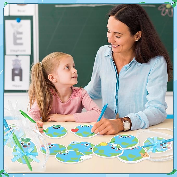 Xqumoi Earth Day Sticky Notes with Pen Gift Set - 24 Set Save The Planet Self Sticky Writing Memo Pads Ballpoint Pens with Mesh Bag Party Favors School Classroom Rewards Office Supplies