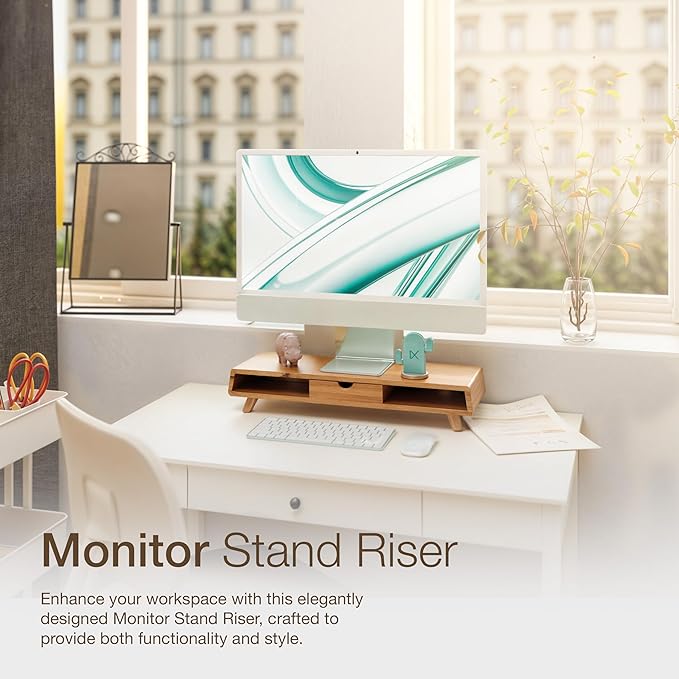 TINAMO Acacia Wood Monitor Stand with Drawer - Wooden Monitor Riser for Desk - Computer Monitor Stand for Desk - Multi-Purpose Desktop Storage Stand for Computer; Laptop; Printer; TV - 24.4 " x 8" x 5" (Patented)