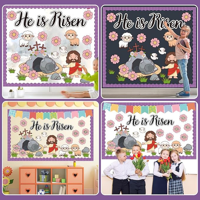 Easter He is Risen Bulletin Board Set Christian Classroom Decorations Easter Religious Jesus Cross Cutouts Flower Name Tags Purple Plaid Bulletin Board Borders for Church Sunday School Wall Door Decor