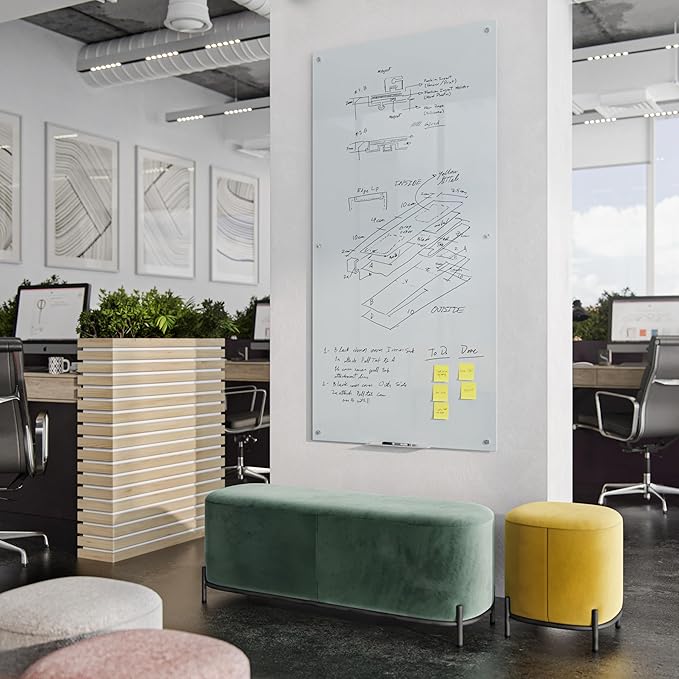 U Brands Glass Dry Erase Board, 36" x 72", White Frosted Surface With Silver Grommets, Includes Marker With Built-In Eraser