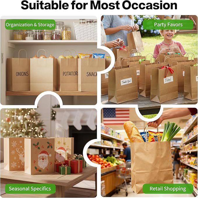 Simple Deluxe Value Pack of 100 Kraft Paper Bags with Handles (10x5x13 Inch) - Made in USA from 90GSM 100% Recycled Paper for Retail, Bulk Savings for Retail, Stores & Gift Packaging