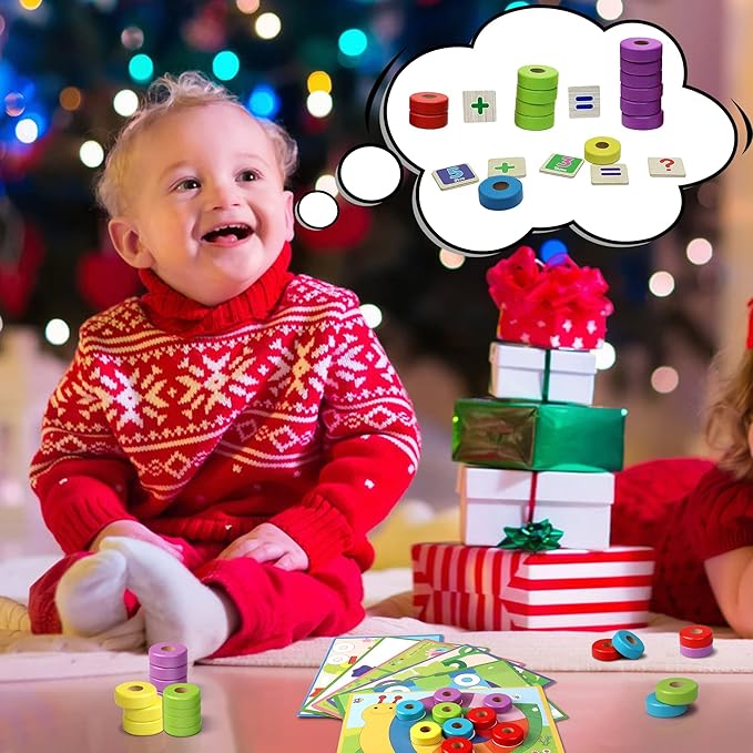 Lydaz Toddler Montessori Math Toys, Wooden Math Manipulatives with Counting Number Blocks, Preschool Kindergarten Learning Activities, Educational Math Toy for Kids 2-5, Christmas Stacking Puzzle Toy