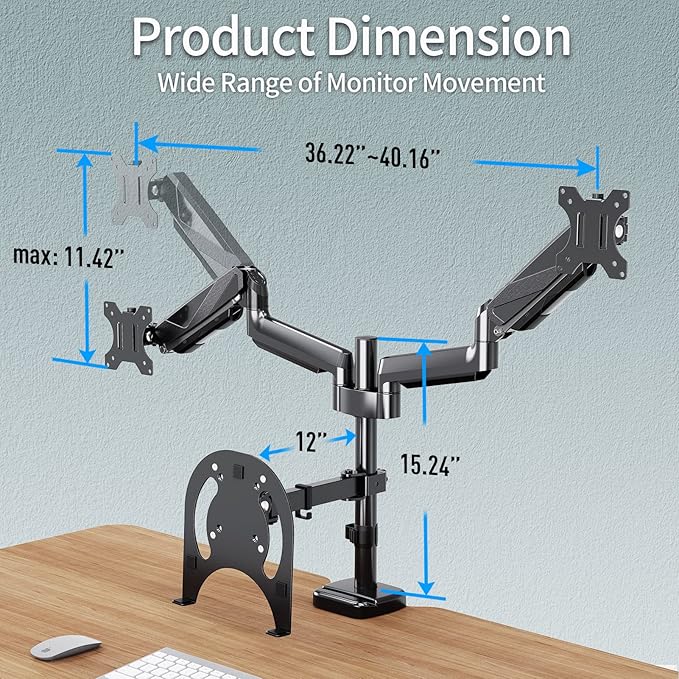 MOUNTUP Dual Monitor and Laptop Mount, Adjustable Monitor Stand for 2 Max 27" Computer Screens, Laptop Tray Fits 10-17inch Notebook, Holds 4.4-17.6lbs Per Arm, 3-in-1 Adjustable Monitor Desk Mount