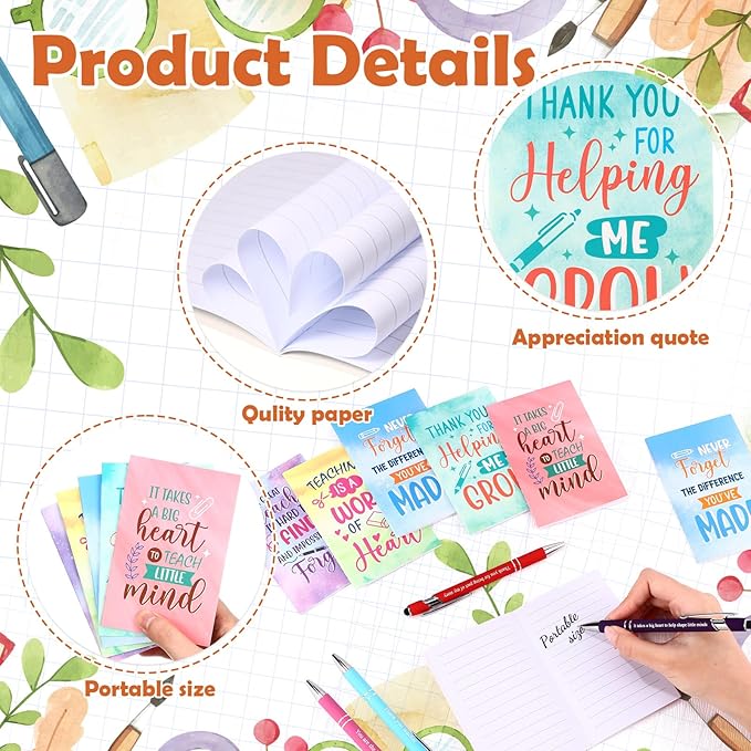 50 Pcs Teacher Appreciation Gift for Women 24 oz Thank You Plastic Tumbler with Inspirational Notepads Ballpoint Pens Makeup Bag Keychain Xmas Gifts for Principals Professors Staff