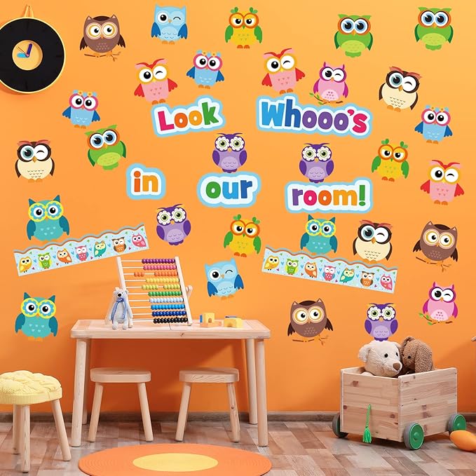 Colorful Owls Bulletin Board Decoration Set Mix Owl Borders Cutouts for Party School Classroom Door Welcome Bulletin Board Craft Home Wall(Look whooos in Our Room)
