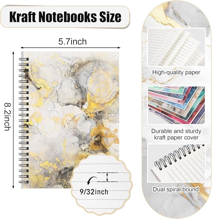 Fuutreo 24 Pcs Spiral Notebook for Work A5 8.3 x 5.7 Inch College Ruled Spiral Journal Notebook Kraft Cover, 12 Color, 60 Sheets, 120 Pages for Office School Supplies(Innovative,Marble)