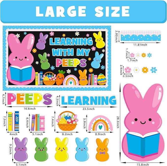 Easter Learning Bulletin Board Decoration Set, Spring Peeps Classroom Decorations Easter Bunny Eggs Book Rainbow Cutouts March April Library School Home Nursery Wall Window Door Decor for Teacher