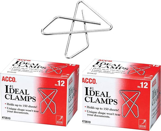 ACCO Ideal Paper Clamp (Butterfly Clamp), Smooth Finish, No.1 Size (Large), 12/Box (A7072610) Pack of 2