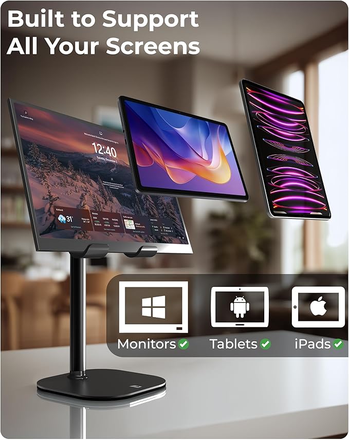 COOPER TabHolder, 7-10" Height Adjustable Tablet Stand, Premium iPad Stand for Desk, 270° Tilt iPad Holder for Desk, Tablet Holder, 15.6-17" Portable Monitor Support (Black)