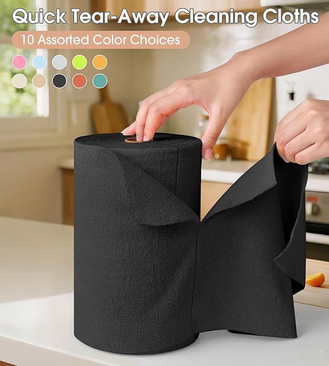 KitchLife Microfiber Cleaning Cloth Roll, 100 Pack - Tear-Away Microfiber Paper Towels, Lint-Free, Reusable, Washable for Kitchen, Car, Dishes, and Sensitive Surfaces (Black)