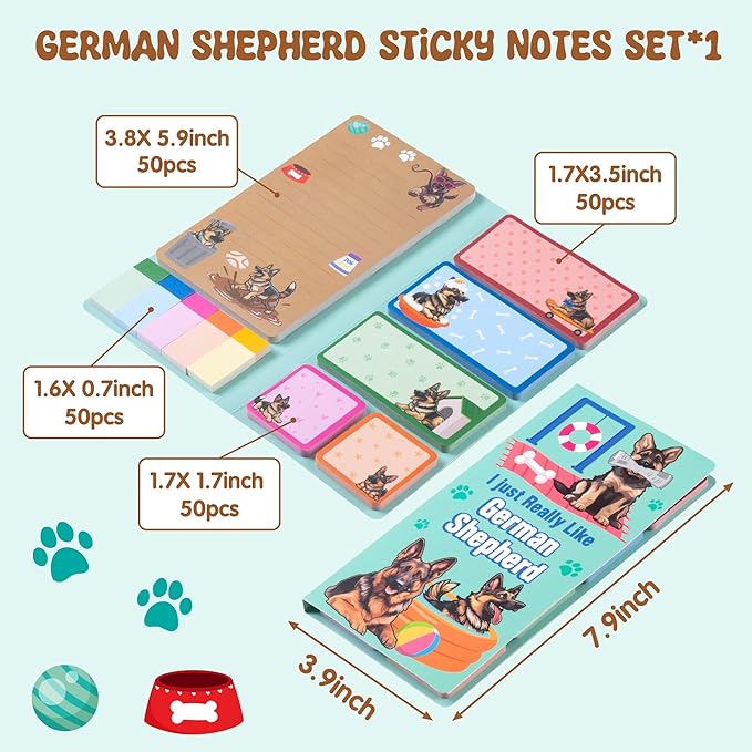 B1ykin Cute Sticky Notes Set - I Just Really Like German Shepherd Self-Stick Notes Pad, 550 Sheets Writing Memo Pages Sticky Notepad for Teacher Appreciation Gift School Office (German Shepherd)