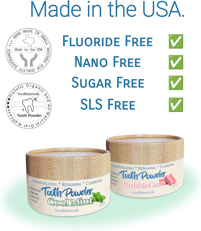 Remineralizing & Cleansing Tooth Powder, Cool Mint. Fluoride Free, SLS Free, Nano Free for Organic Oral Wellness